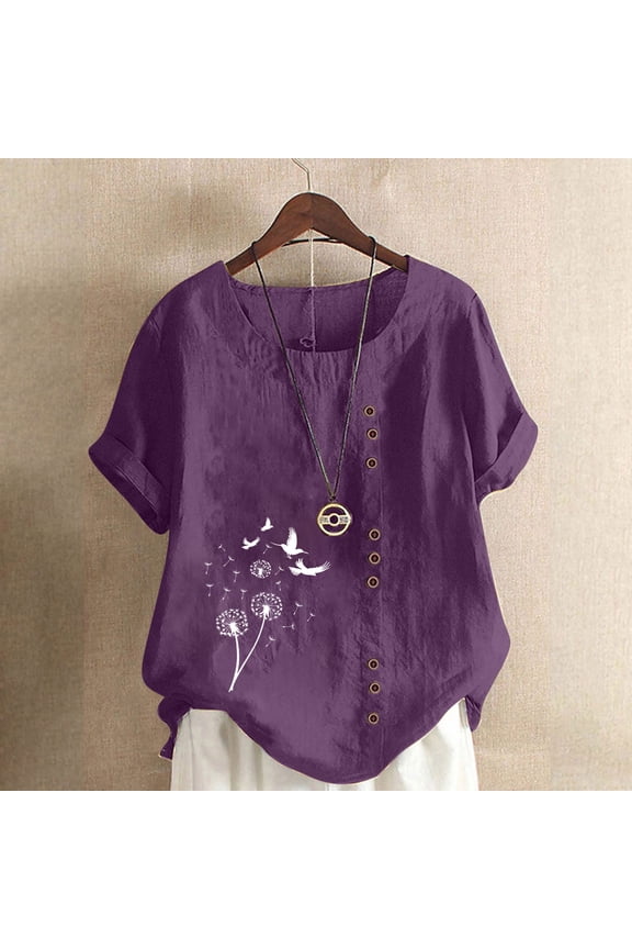 Womens Short Sleeve Tee Shirts Plus Size Tops Button Round Neck Casual Pullover Print Summer Blouses Purple