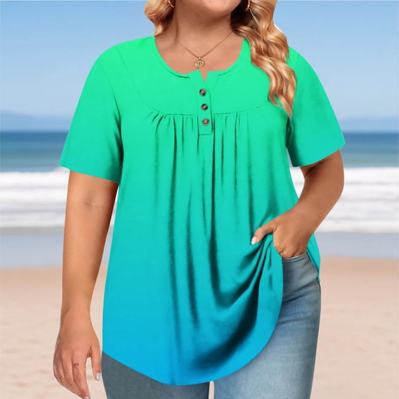 CLOISE Womens Short Sleeve Tops Casual Plus Size Shirts Button Crewneck Pullover Gradient Summer Blouses Navy