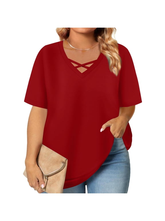 Womens Short Sleeve Tops Casual Plus Size Shirts V Neck Pullover Solid Color Summer Blouses Red 4XL