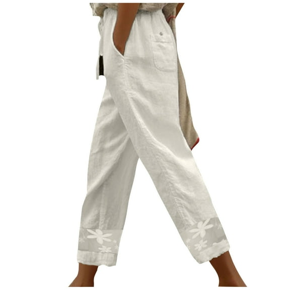 CLOISE Womens Summer Pants With Pockets Petite Mid Rise Pants Drawstring Elastic Waist Pants Lightweight Pull On Pants Casual Straight Leg Trousers Solid Comfy Pants White