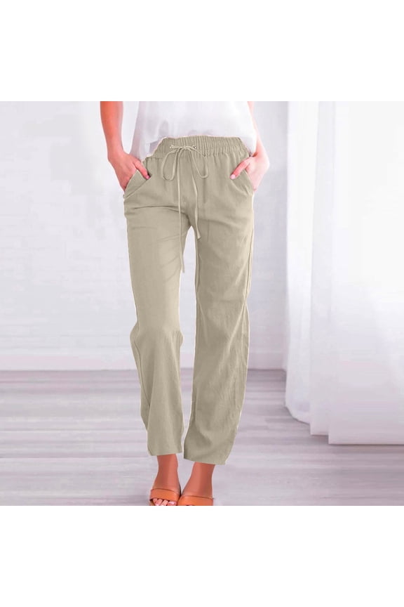Womens Summer Pants With Pockets Pull On Petite Cotton Linen Pants Drawstring Elastic Waist Pants Lounge Mid Rise Pants Solid Lightweight Trousers Casual Summer Khaki