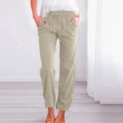 CLOISE Pants for Women With Pockets Pull On Petite Cotton Linen Pants Drawstring Elastic Waist Pants Lounge Mid Rise Pants Solid Lightweight Trousers Casual Summer Light Blue