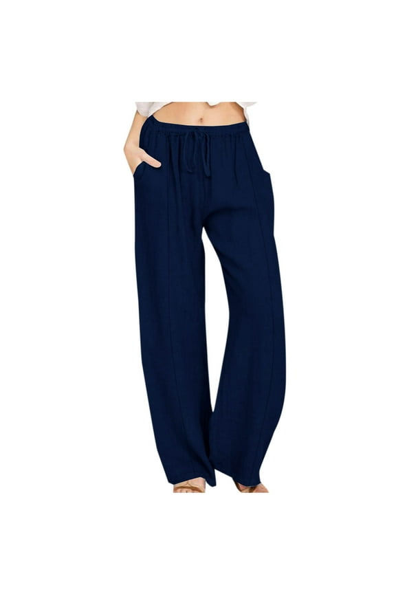 Womens Summer Pants With Pockets Cotton Linen Pants Mid Rise Straight Leg Pants Pull On Lounge Pants Drawstring Elastic Waist Pants Solid Comfy Pants Casual Fashion Dark Blue
