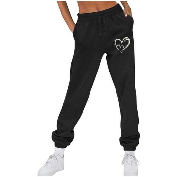 CLOISE Womens Sweatpants Baggy Fleece Lined Jogger Pants Comfy Petite Low Rise Elastic Bottom Pants Black Y2k Elastic Waist Drawstring Heart Sweatpants with Pockets Trendy Basic Long Sweatpants