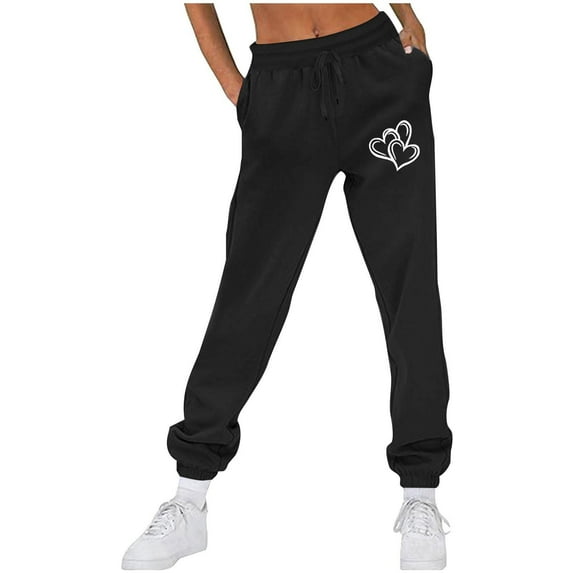 CLOISE Womens Sweatpants Baggy Fleece Lined Jogger Pants Soft Petite Low Rise Elastic Bottom Trousers Black Workout Elastic Waist Drawstring Heart Sweatpants with Pockets Basic Sweatpants