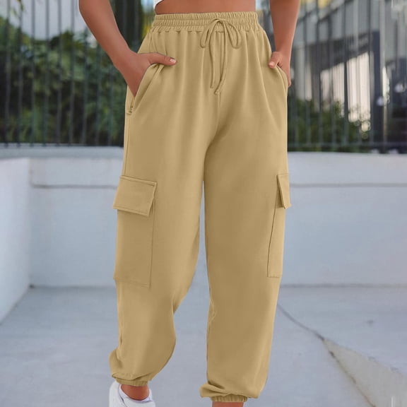 CLOISE Womens Sweatpants Baggy Joggers Cargo Pants Cozy Petite Tall Elastic Bottom Trousers Khaki Workout Elastic Waist Drawstring Solid Sweatpants with Pockets Fashion Winter Long Pants S