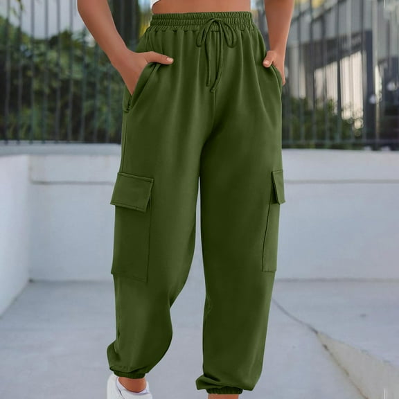 CLOISE Womens Sweatpants Cargo Baggy Jogger Cargo Pants Casual Pull on High Waisted Elastic Bottom Trousers Green Oversized Elastic Waist Drawstring Solid Sweatpants with Pockets Winter Sweatpants