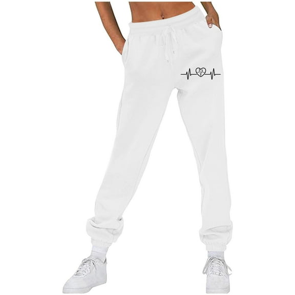 CLOISE Womens Sweatpants Joggers Baggy Fleece Jogger Sweatpants Casual Pull on Low Rise Elastic Bottom Pants White Active Elastic Waist Drawstring Heart Sweatpants with Pockets Basic Pants