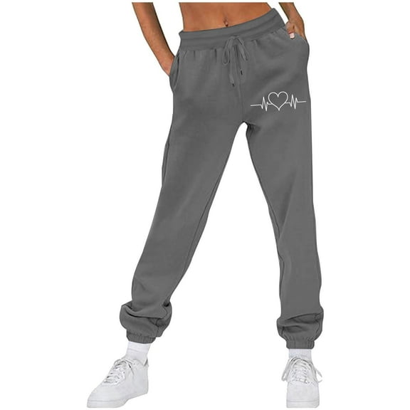 CLOISE Womens Sweatpants Joggers Baggy Fleece Jogger Sweatpants Casual Pull on Low Rise Elastic Bottom Trousers Dark Gray Athletic Elastic Waist Drawstring Heart Sweatpants with Pockets Basic Pants