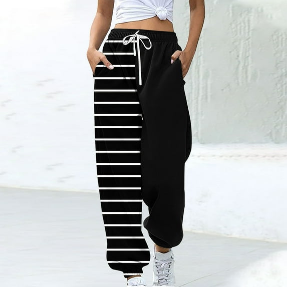 CLOISE Womens Sweatpants Joggers Baggy Jogger Sweatpants Loose Pull on High Waisted Elastic Bottom Pants Black Gym Elastic Waist Drawstring Striped Sweatpants with Pockets Classic Sweatpants
