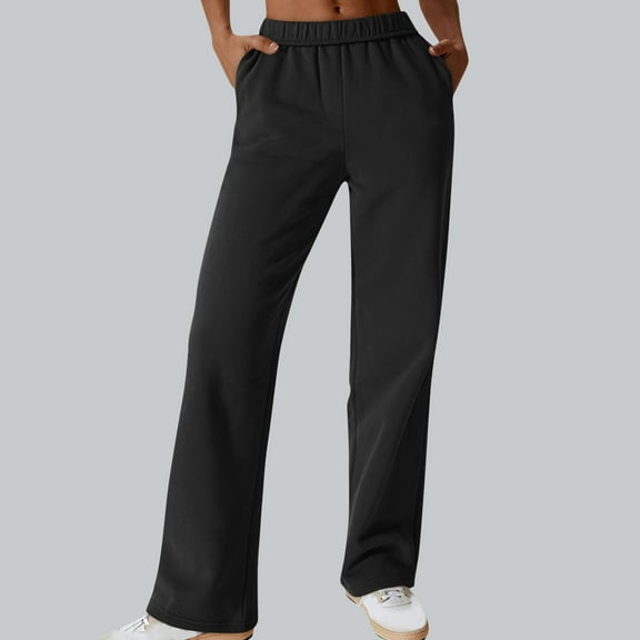 CLOISE Womens Sweatpants Wide Leg Baggy Straight Leg Trousers Casual Pull on Low Rise Open Bottom Pants Black Gym Elastic Waist Solid Sweatpants with Pockets Fashion Winter Long Sweatpants L