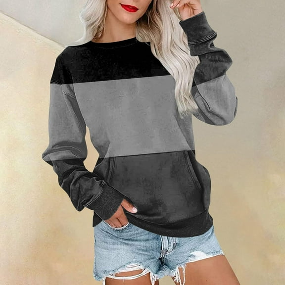 CLOISE Womens Sweatshirt Colorblock Oversized Sweatshirts Crew Neck Long Sleeve Hoodies Shirts Gray Basic Blouses With Pockets Fall Cute Preppy Clothes S