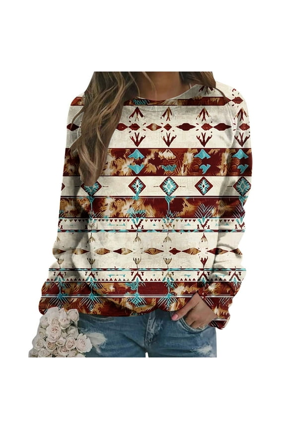 Womens Sweatshirt Ethnic Aztec Print Oversized Sweatshirts Round Neck Long Sleeve Hoodies Shirts Brown Raglan Basic Blouses Fall Fashion Y2k Clothes XL