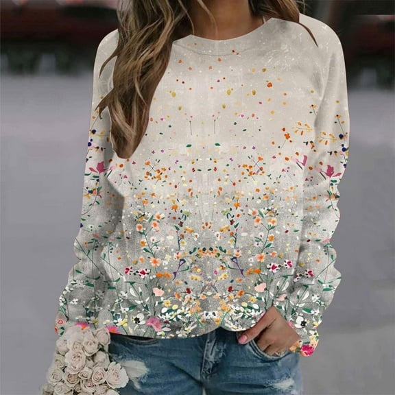 CLOISE Womens Sweatshirt Flower Print Oversized Sweatshirts Crewneck Long Sleeve Hoodies Shirts Multicolor Raglan Basic Blouses Fall Tunic Y2k Outfits XL