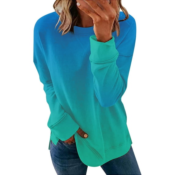 CLOISE Womens Sweatshirt Gradient Oversized Sweatshirts Round Neck Long Sleeve Hoodies Shirts Multicolor Drop Shoulder Side Split Blouses Fall Loose Y2k Clothes XL