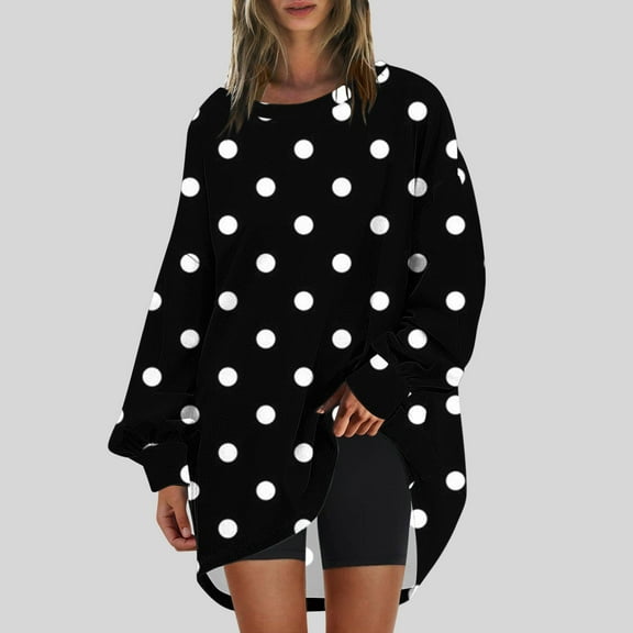 CLOISE Womens Sweatshirt Polka Dots Oversized Sweatshirts Crewneck Long Sleeve Hoodies Shirts Black Drop Shoulder Blouses Fall Soft Y2k Outfits S