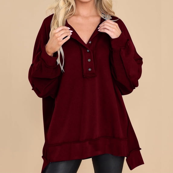 CLOISE Womens Sweatshirt Solid Color Pullover Sweatshirts Button Henley V Neck Long Sleeve Hoodies Shirts Red High Low Hem Stitching Blouses Fall Comfy Preppy Outfits S