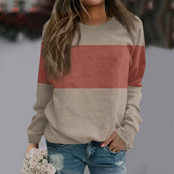 CLOISE Womens Sweatshirts Color Block Oversized Sweatshirts Crew Neck Long Sleeve Hoodies Shirts Red Basic Tees Fall Casual Preppy Clothes XL