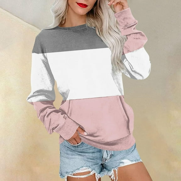 CLOISE Womens Sweatshirts Colorblock Oversized Sweatshirts Crewneck Long Sleeve Hoodies Shirts White Basic Tees With Pockets Fall Casual Preppy Clothes S