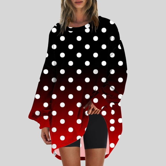 CLOISE Womens Sweatshirts Polka Dots Oversized Sweatshirts Round Neck Long Sleeve Hoodies Shirts Red Drop Shoulder Tees Fall Tunic Y2k Outfits L