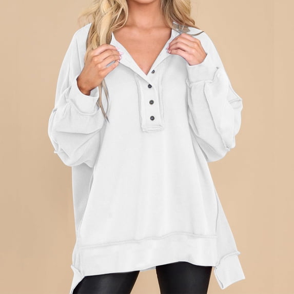 CLOISE Womens Sweatshirts Solid Color Pullover Sweatshirts Henley Button V Neck Long Sleeve Hoodies Shirts White High Low Hem Stitching Tees Fall Casual Preppy Clothes L