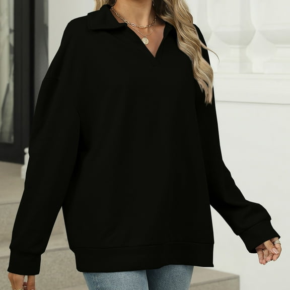 CLOISE Womens Sweatshirts Solid Color Pullover Sweatshirts Lapel V Neck Long Sleeve Hoodies Shirts Black Drop Shoulder Tees Fall Casual Preppy Clothes 2XL