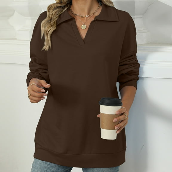 CLOISE Womens Sweatshirts Solid Oversized Sweatshirts Lapel V-Neck Long Sleeve Hoodies Shirts Brown Drop Shoulder Tees Fall Tunic Y2k Outfits L