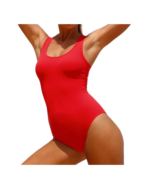 Womens Swimsuit One Piece Full Coverage Bathing Suit Solid Swimwear Backless Vacation Beachwear Red 2XL