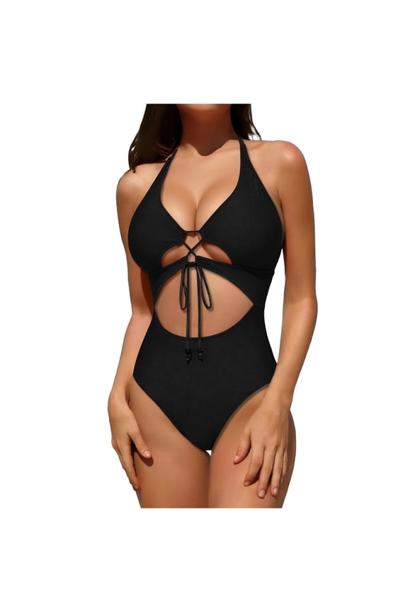 Womens Swimsuit One Piece Plus Size Full Coverage Halter Neck Bathing Suit Bow with Adjustable Straps Solid Swimwear Vacation Beachwear