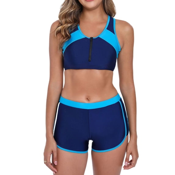 CLOISE Womens Swimsuits Bikini Sets 2 Piece with Boy Shorts Full Coverage Racerback Bathing Suit Color Block Swimwear Vacation Beachwear