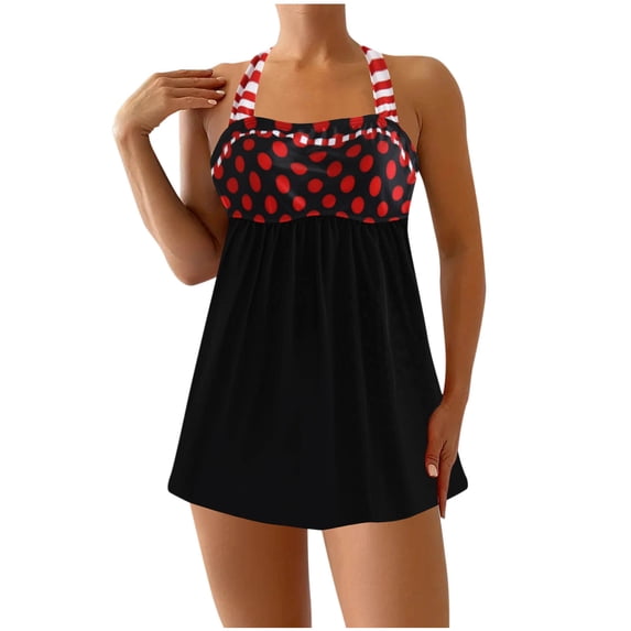CLOISE Womens Swimsuits Tankini Plus Size Two Piece with Boy Shorts Full Coverage Halter Neck Swimwear Print Ruffle Vacation Beachwear