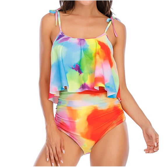 CLOISE Womens Swimwear Tankini Two Piece Swimsuits with Shorts High Waisted Built in Bra Full Coverage Bathing Suit Adjustable Straps Gradient Ruffle Backless Beachwear