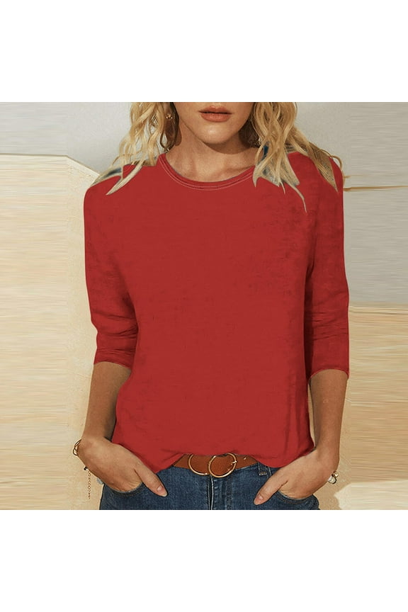 Womens T Shirts Loose Fitted 3/4 Sleeve Tee Summer Round Neck Casual Fashion Solid Tops Breathable Quick Dry Blouses Red 2XL