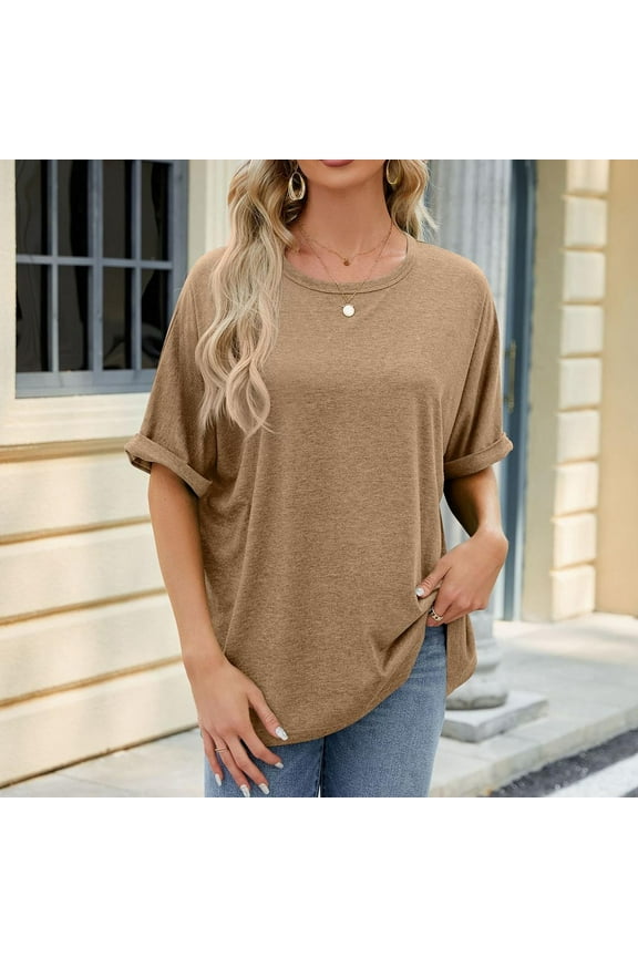Womens T Shirts Loose Fitted Short Sleeve Tee Summer Round Neck Casual Fashion Solid Tops Breathable Quick Dry Blouses Khaki S