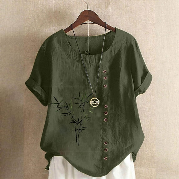 CLOISE Womens T Shirts Short Sleeve Plus Size Tops Button Round Neck Casual Pullover Graphic Summer Blouses Army Green