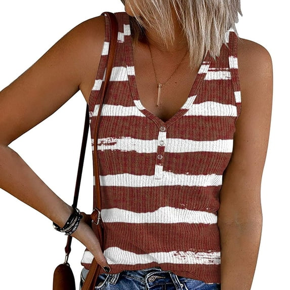 CLOISE Womens Tank Tops Loose Wine Summer V Neck Comfy Casual T Shirts Fashion Sleeveless Striped Multi-colored Hollow Breathable Soft Blouse 2XL