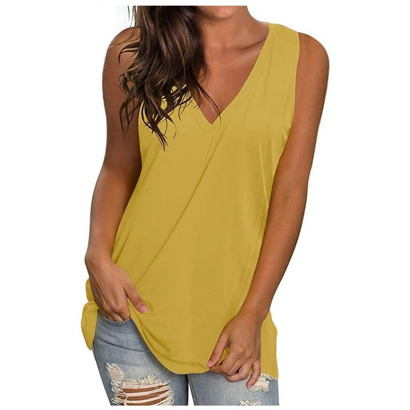CLOISE Womens Tank Tops Loose Yellow Summer V Neck Loose Casual T Shirts Fashion Sleeveless Solid Comfy Tunic Blouse XL