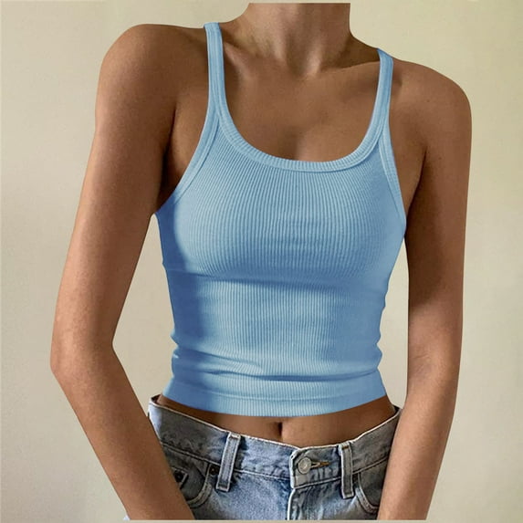 CLOISE Womens Tank Tops Round Neck Summer Tanks Cami Sleeveless Tops Basic Shirt Ribbed Racerback Blouses Light Blue L