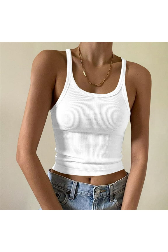 Womens Tank Tops Round Neck Summer Tanks Cami Sleeveless Tops Basic Shirt Ribbed Racerback Blouses White XL