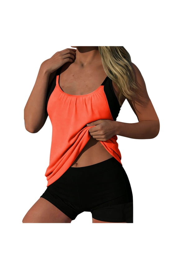 Womens Tankini Swimsuits Push up 2 Piece with Boy Shorts Built in Bra Full Coverage Bathing Suit Adjustable Side Straps Color Block Swimwear Beachwear