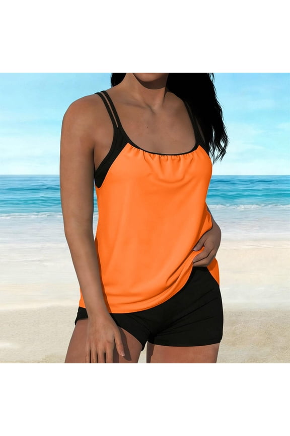 Womens Tankini Swimsuits Push up 2 Piece with Boy Shorts Built in Bra Full Coverage Bathing Suit Adjustable Side Straps Color Block Swimwear Beachwear