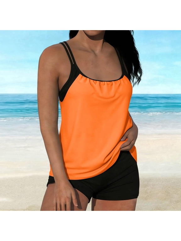 Womens Tankini Swimsuits Push up 2 Piece with Boy Shorts Built in Bra Full Coverage Bathing Suit Adjustable Side Straps Color Block Swimwear Beachwear