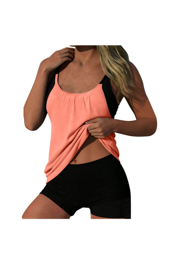 Womens Tankini Swimsuits Push up 2 Piece with Boy Shorts Built in Bra Full Coverage Bathing Suit Adjustable Side Straps Color Block Swimwear Beachwear