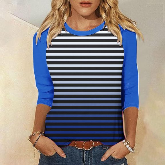 CLOISE Womens Tees Fall Cute Striped Tees Crewneck 3/4 Sleeve Tops Oversized Colorblock Basic Shirts Flowy Clothes Blue 2XL