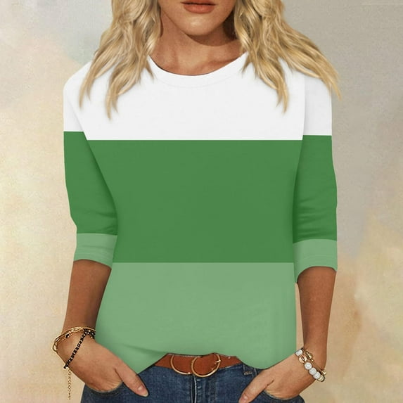 CLOISE Womens Tees Fall Cute Striped Tees Round Neck 3/4 Sleeve Tops Oversized Color Block Basic Shirts Flowy Clothes Green 2XL