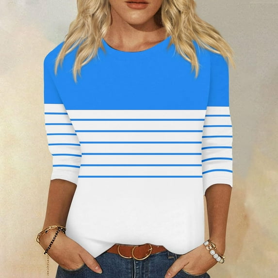 CLOISE Womens Tees Fall Cute Striped Tees Round Neck 3/4 Sleeve Tops Oversized Color Block Basic Shirts Flowy Clothes Sky Blue XL