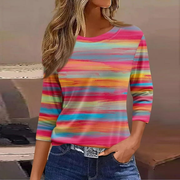 CLOISE Womens Tees Fall Cute Striped Tees Scoop Neck 3/4 Sleeve Tops Oversized Colorblock Basic Shirts Flowy Clothes Hot Pink L