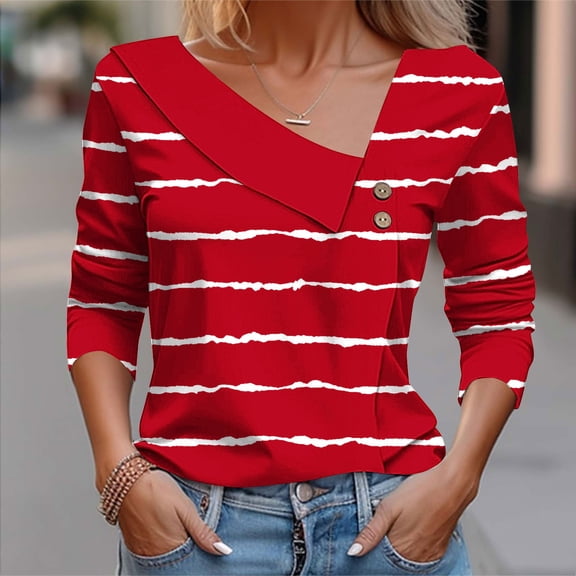 CLOISE Womens Tees Fall Trendy Striped Tees Button V-Neck Long Sleeve Tops Soft Asymmetrical Color Block Shirts Elegant Outfits Red S