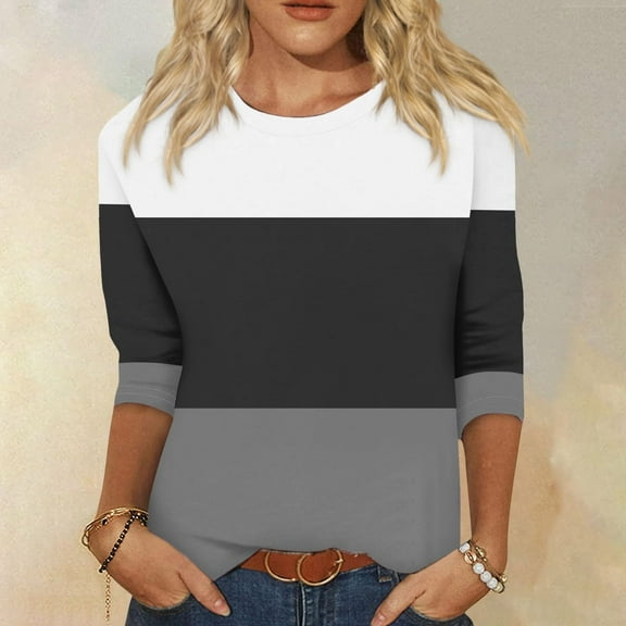 CLOISE Womens Tees Fall Trendy Striped Tees Round Neck 3/4 Sleeve Tops Soft Color Block Basic Shirts Elegant Outfits Black S
