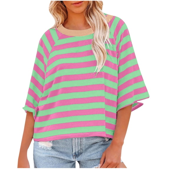 CLOISE Womens Tees Fall Trendy Striped Tees Scoop Neck 3/4 Sleeve Raglan Tops Soft Knit Colorblock Basic Shirts Elegant Outfits Green XL